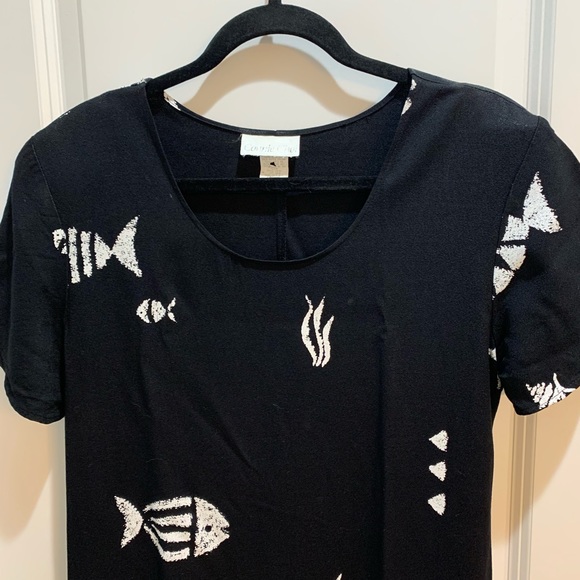 Vintage Connie Choi BLACK  Midi Geometric Fish Print Dress Large Made In USA. - Picture 3 of 6